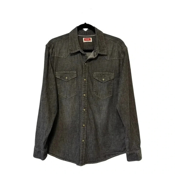 Wrangler Denim Western Snap Front Shirt In Black Wash Denim - Size Large - Picture 1 of 11